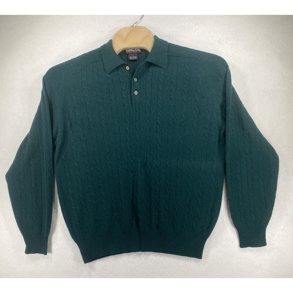 Kirkland Signature 100% Cashmere Cable Knit Black Sweater Polo Size L C70